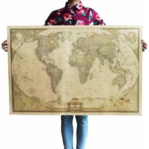 1 Pc of Classic Retro Kraft-Paper The-World Map for School and Office