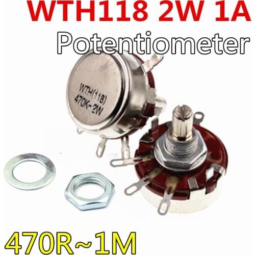 2pcs WTH118 2W 1A Potentiometer 470R 1K 2.2K 4.7K 10K 22K 47K 100K 470K 560K 1M Round Shaft Carbon Rotary Taper Potentiometer