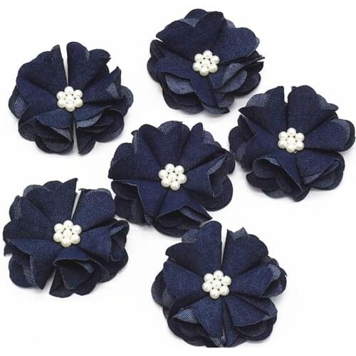 20pcs/lot 2.5''denim fabric Flower For Woman Kids Rhinestone Pearl Without Clips DIY Hair Accessories for Newborn