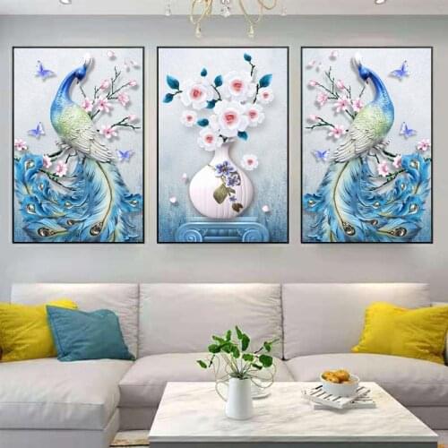 Atmospheric Peacock Living Room Decorative Painting European Style Light Luxury Triple Combination Mural