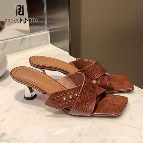 French retro brown black sandals and slippers summer crocodile pattern cross straps square toe stiletto high-heeled slippers
