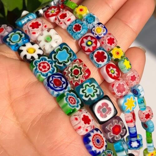 Natural Stone Square Shape Flowers Lampwork Glass Beads 6 8 10 mm Loose Spacer Beads For Jewelry Making DIY Bracelet Necklace
