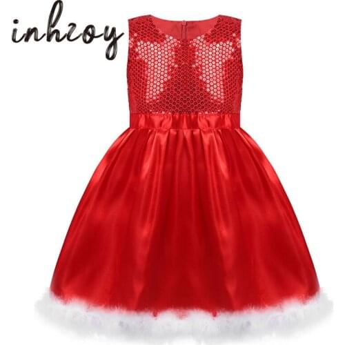 Baby Girls Christmas Dress Santa Costume Children Kids Red Shiny Sequins Sleeveless Holiday Party Princess Cosplay Xmas Clothes