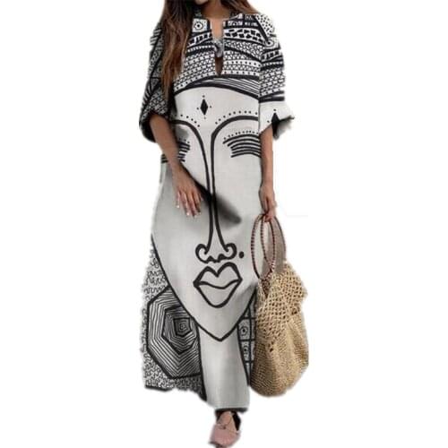 European and American fashion casual womens clothing Face print V-neck loose large size temperament dress