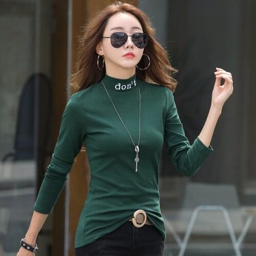 Shintimes Embroidery Letter T Shirt Women Half Turtleneck 2020 Slim Winter Long Sleeve T-Shirt Cotton Tshirt Womens Tops Clothes