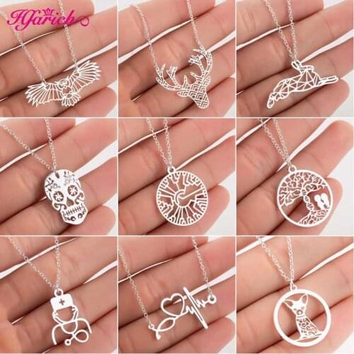 Hfarich 2021 Stainless Steel Origami Animal Necklaces for Women Cute Skull Deer Rabbit Charms Necklace Jewelry Doctor Gifts