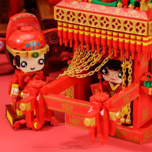 Chinese Classical Wedding Bride Bridegroom Bridal Sedan Chair Mini Model Building Blocks Sets Kids Toys Chinoiserie Wedding