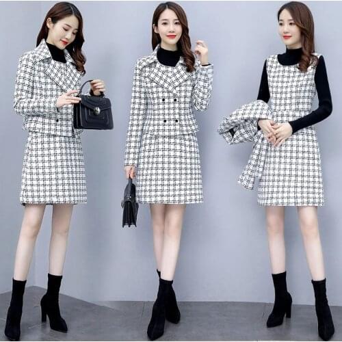 Plaid Woolen Suits Autumn Spring Sweet Short Jacket + Vest Dress Two-Piece Sets Women