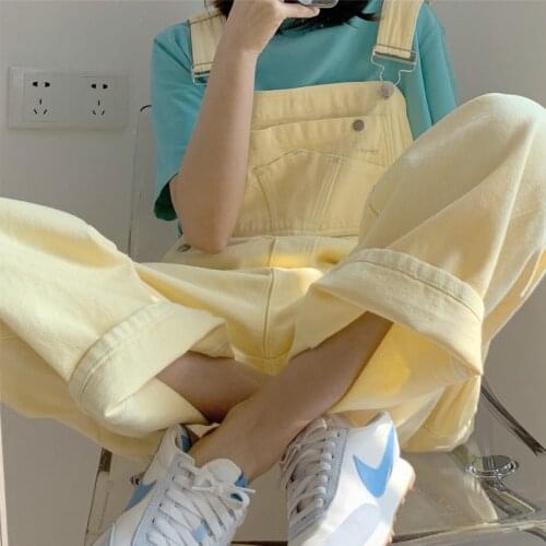 Yellow Overalls Women Loose Pockets Trousers Female Strap Pants Cute Full Length Pant for Sweet Girls Solid Korean Style
