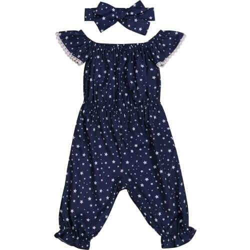 Baby Girls Two-piece Clothes Set Navy Star Printed Pattern Boat Neck Short Sleeve Jumpsuit and Headdress
