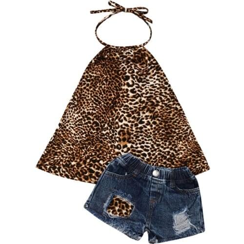 Baby Girls Clothes Set 2019 Summer Toddler Kids Outfit Halter Leopard Top+Ripped Jeans Shorts 2pcs Children Clothing Set 1-6T