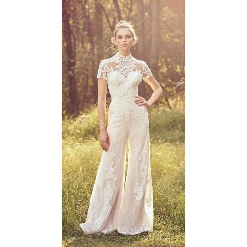 Short Sleeve Lace and Tulle Jumpsuit Wedding Bridal Gown High Neck Lace Appliqued Beach Boho Bridal Gowns Vestido De Novia