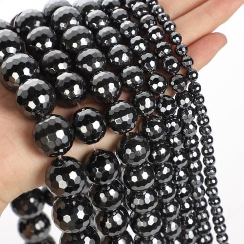 Faceted Hematite Beads Black Natural Stone Beads Round Loose Beads For Jewelry Making DIY Bracelet Accessories 4-14mm