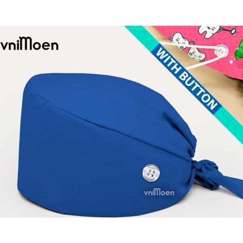 Sapphire blue scrubs women Adjustable doctor Working Cap with Button, Cotton Working Hat Sweatband, Elastic Bandage Tie Back Hat