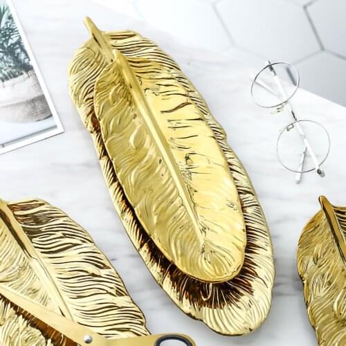 Nordic Banana Leaf White CeramicDessert Jewelry Plates Dish Dinnerware Gold Green Feather Plate Storage Tray Tableware For Home
