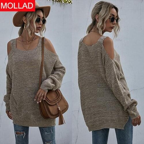 Solid Color Knitted Square Collar off-Shoulder Sweater Womens Long Sleeve Solid Color Female Sweaters