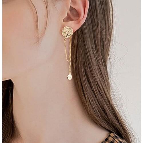 TIMEONLY Vintage Gold Color Coin Tassel Earrings for Women Irregular Metallic Chains Hanging Dangle Earrings Temperament Jewelry