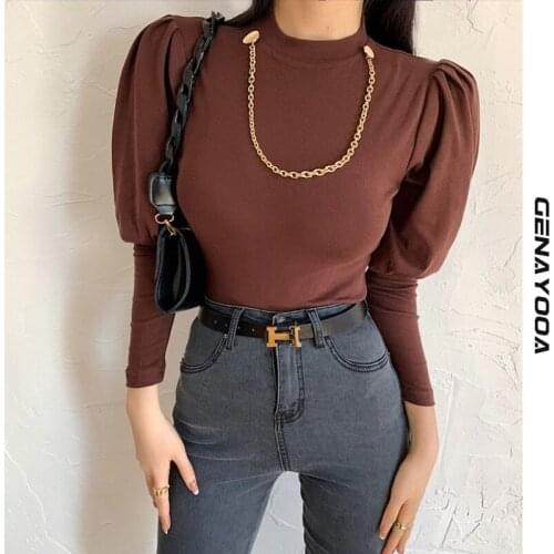 Genayooa Puff Sleeve O-neck Cotton T Shirt Women Long Sleeve Korean Tops Harajuku Vintage T-shirt Women Clothes 2021 Spring