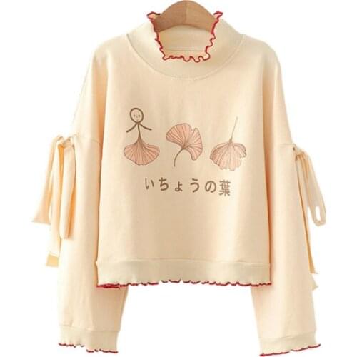 Women Sweatshirt Harakuju Print Ruffles Hoodies 2020 Autumn Long Sleeve Turtleneck Cotton Pullover Sweet Style Tracksuits Tops