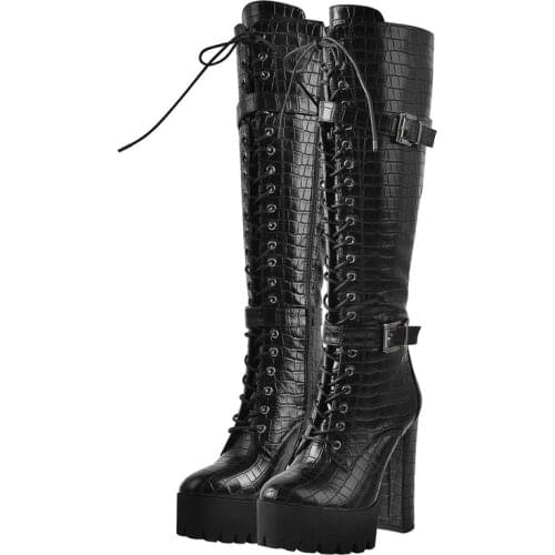 Richealnana Knee High Platform Lace-Up Boots Chunky High Heels Matte Black Buckle Decoration Zipper Crocodile Print Punk