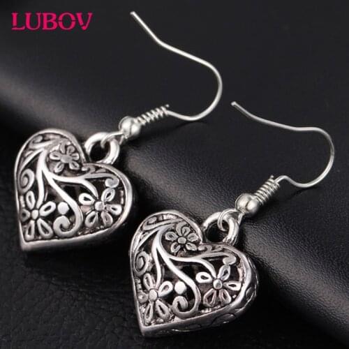 Hollow Out Heart Drop Earring for Women Retro Vintage Flower Dangle Earrings Antique Tibetan Jewelry 2018 New Arrival