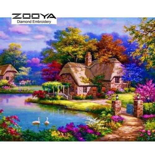 5D DIY Diamond Painting Landscape Crystal Diamond Painting Cross Stitch Garden Cottage Swan Needlework Home Decorative BJ1028