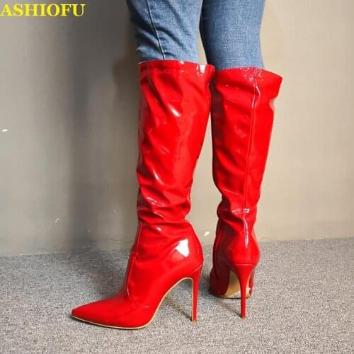 ASHIOFU New Arrival Real Picture Womens Knee Boots Patent Leather Party Prom Boots Sexy Club Evening Fashion High Heel Boots