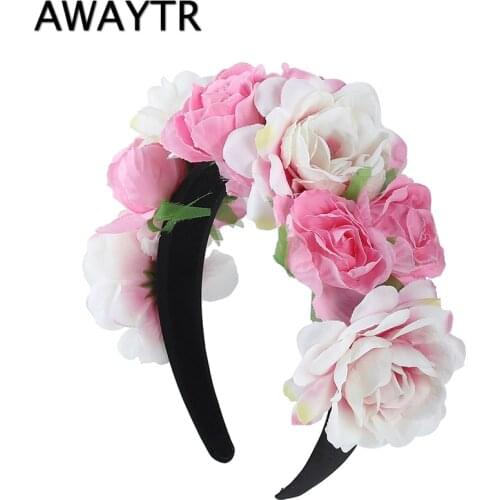 AWAYTR 2021 New Women Girls Wedding Headband Kids Party Floral Garlands Flower Crown Rose Wreath Hairband Pink Hair Accessories