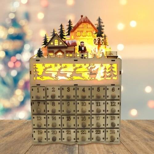 Christmas Advent Calendar Wooden LED Lighted Village House Santa Claus Countdown Ornament with Drawers Box Decor Gift