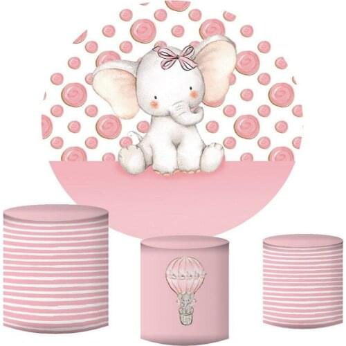 Round Circle Backdrop Baby Shower Background Watercolor Cute Elaphant Pink Girl Kids Birthday Party decor table Cover Elastic