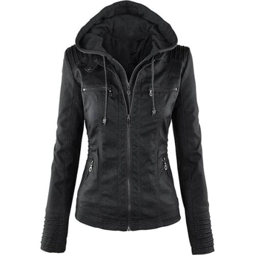 Faux Leather Jacket Women Autumn Winter Basic Zipper Hooded Jacket Coats Gothic Black Motorcycle Windproof Hoodies Outerwear Hot
