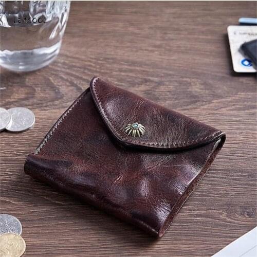 LEACOOL Genuine Leather Wallet Men Women Vintage Short Small Slim Hasp Wallets Purse Card Holder With Coin Pocket Money Bag