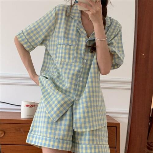 Summer plaid 2 piece set women pajamas set casual loose short sleeve tops shorts pyjamas single breasted shirts sleepwear Y384