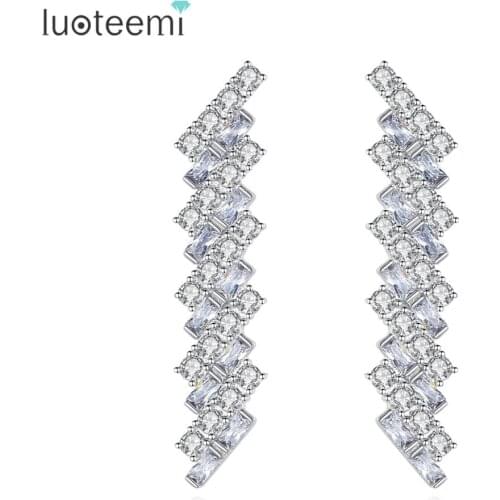 LUOTEEMI Luxury Shining Long Geometric Stud Earrings for Women Wedding with AAA Clear Cubic Zircon Fashion Jewelry Brincos Gift