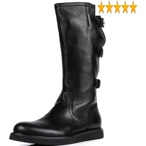 Brand Mens Knee High Italian Personality Buckle Motorcycle Biker Footwear Genuine Leather Flats Knight Boots Shoes