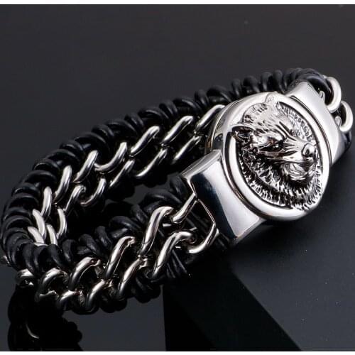 Gothic Mens Bracelet With Lion Wolf Head Cowhide Leather Bangles for Male Stainless Steel Homme Charm Armbanden Jewelry 22CM