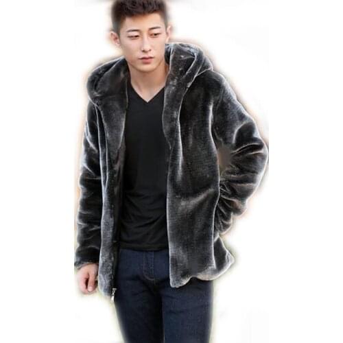 Autumn Winter Mens Faux Fur Mink Coat Short Grey Hooded Coat Plush Fluffy Coat Male Plus Size Xxxl 4xl 5xl Warm Overcoat Men