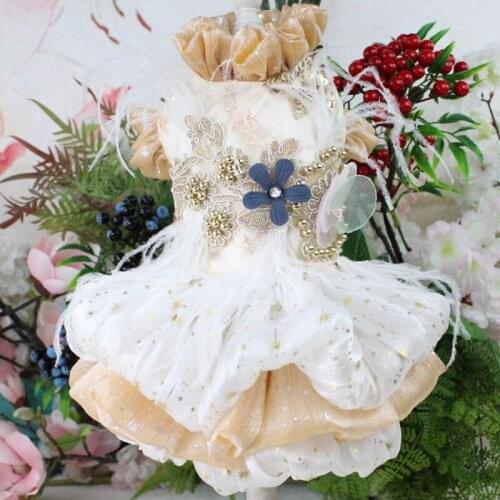 Pet Dog Dress Golden Shining Handmade Embroidered Short Style Wedding Tutu Dress For Small Dogs Lace Feather Skirt Chihuahua Pug