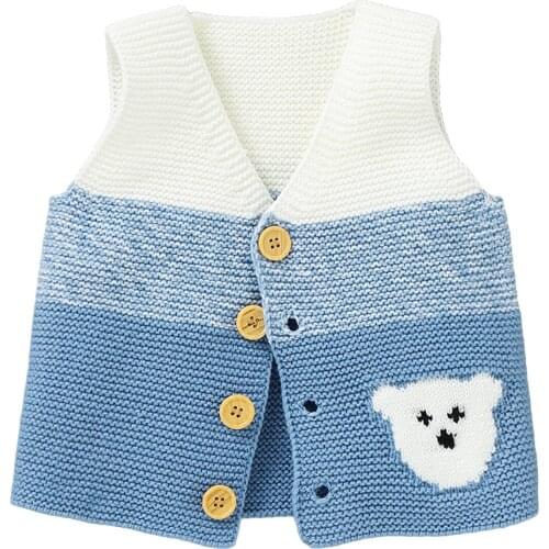 New Baby’s Casual Knitted Vest Autumn and Winter Cartoon Bear Jacquard V-neck Sleeveless Cardigan