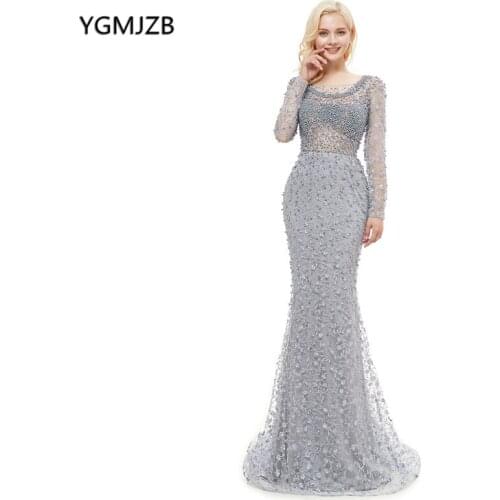Luxury Long Sleeves Lace Evening Dress 2020 Grey Mermaid Full Pearls Crystal Backless Pink Formal Prom Evening Gown Abendkleider