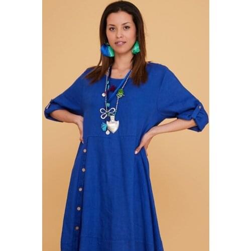Buttoned On The Side Saxe Blue Long Spring Linen Dress 2021 New Womens Fashion Clothing