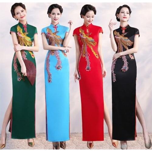 Chinese Traditional Costumes Women Tight Bodycon Dress Cheongsam Tang Suit Satin Phoenix print Split Dress Sexy Kimono Robe 4XL