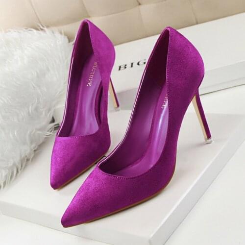 Basic high heels 2020 new shoes Women pointed toe slip on Flock pumps Female Fashion wedding party shoe purple Red Sexy