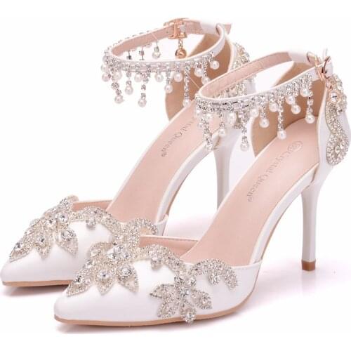 Gorgeous White Beaded Pearls Wedding Heels 9 CM Open Toe Prom Evening Party Shoes Bridal High Heels Lady Formal Dress Stile