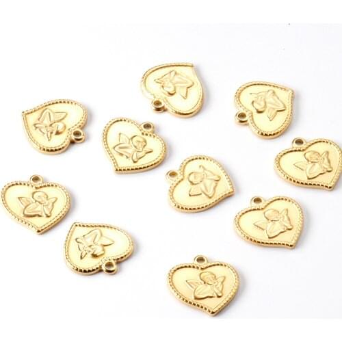 ASON 10pcs/lot Vintage Love Angel Pendant Stainless Steel Gold Couple Heart-shaped Charm Necklaces Bracelet DIY Jewelry Making