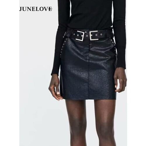 JuneLove Women PU Faux Leather Mini Skirts Vintage Belt Rivet Female A-Line Skirts Casual Retro Lady Sashes Black Skirts Bottoms