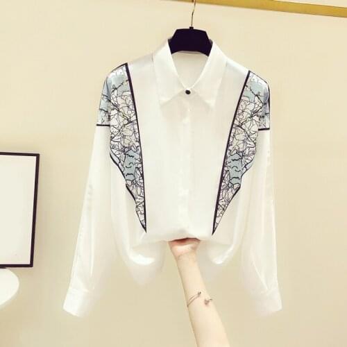 Printed Chiffon Women Shirts Summer New Turn-Down Collar Long-Sleeved Loose Office Lady Elegant All Match Outwear Tops