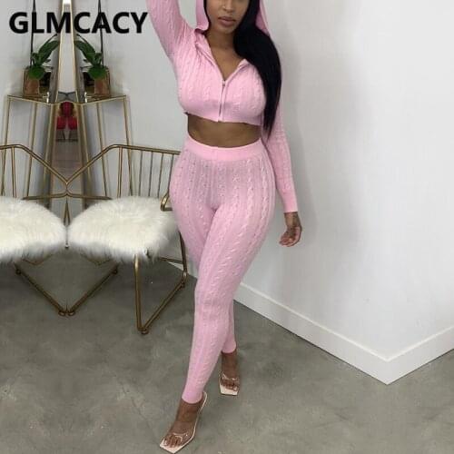 Women Two Piece Knitted Suits Long Sleeve Zip Up Hooded Crop Top & Slim Pants Set