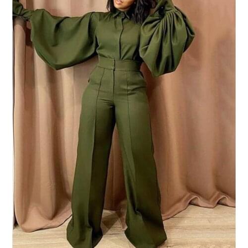 Autumn New Jumpsuits for Ladies Full Lantern Sleeve High Waisted Turn Down Collar Fashion Elegant Long Rompers & Jumpsuits Hot