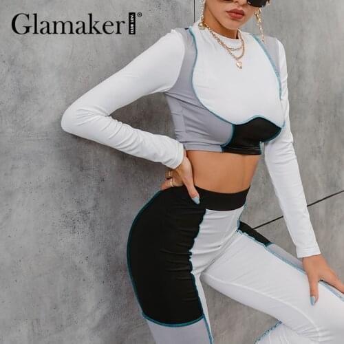 Glamaker Patchwork sexy crop top and pants women suits Sportswear casual slim long sleeve top outfits matching Set new 2021